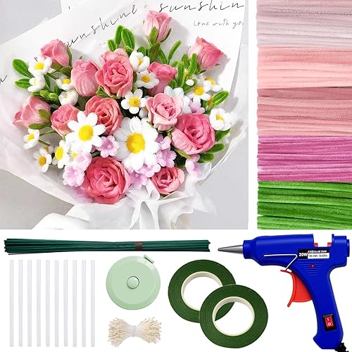 500 Pcs Pipe Cleaners for Crafts – 5 Colors Chenille Stems with Glue Guns & Tape Measure – Perfect for DIY Projects, Holiday & Room Decorations, Arts and Crafts Activities (Pink, 12in x 8mm)