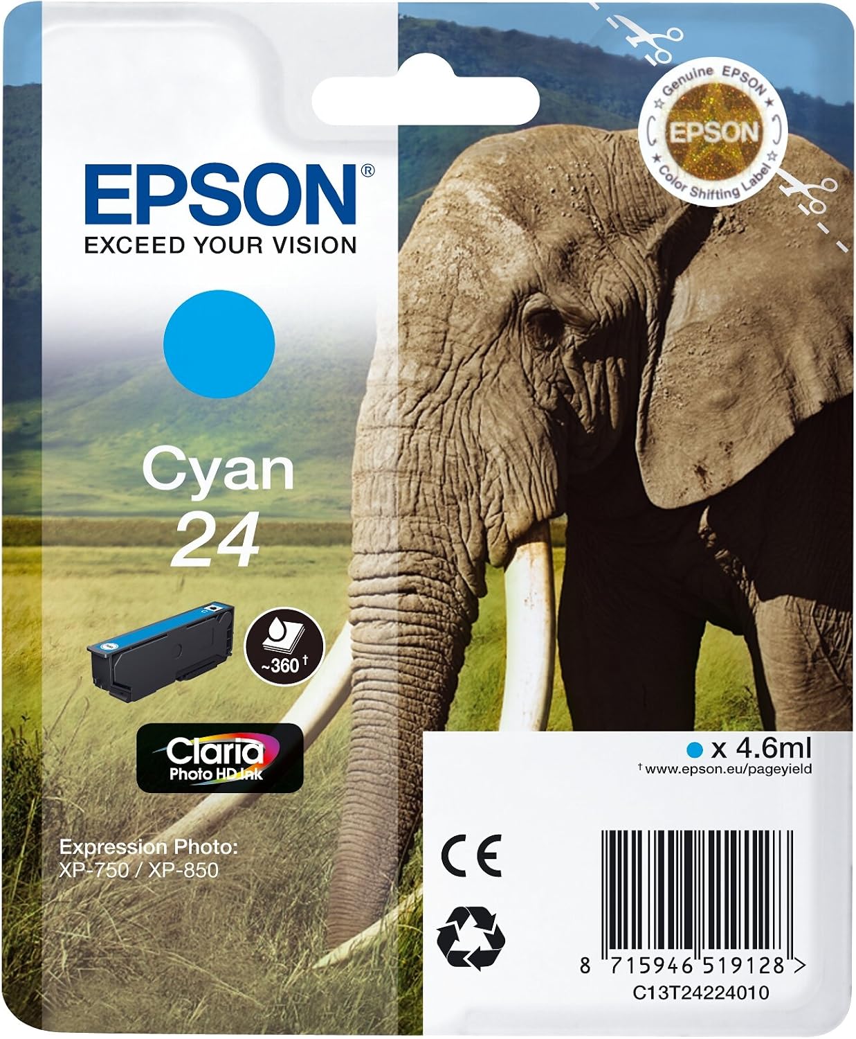 Epson 24 Cyan Elephant Genuine, Claria Photo HD Ink Cartridge, Standard