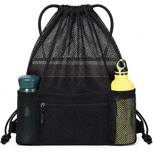 Axafazup Mesh Drawstring Backpack Gym Sports Bag with Zipper Pocket Bottle Holder, Heavy Duty Mesh Laundry Bag for Travel Bea