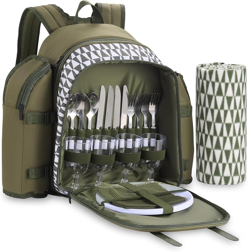 VonShef Picnic Backpack 4 Person Green with Complete Dining Set & Blanket