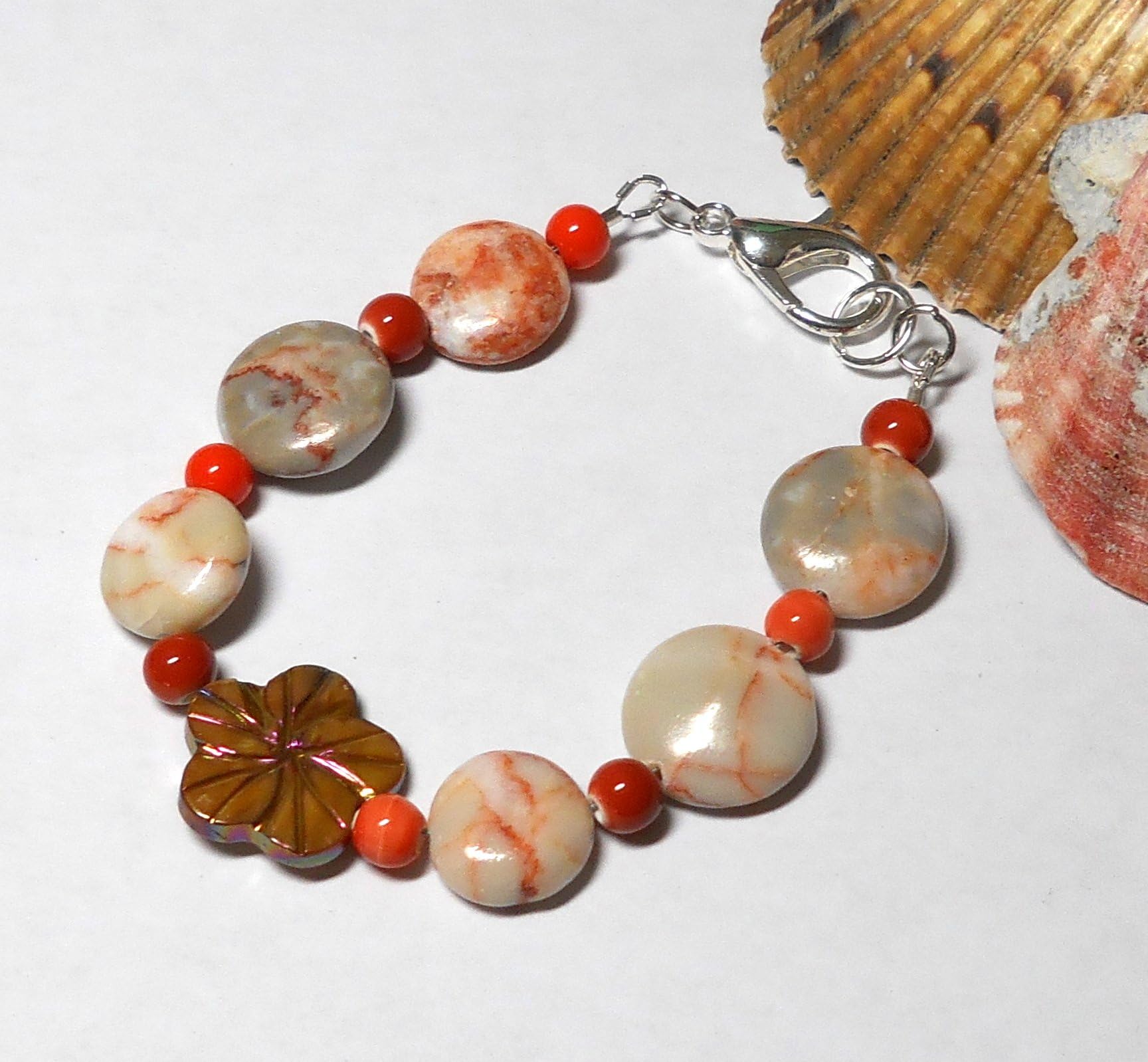 Redline Marble Beaded Bracelet with Carved Flower Mother-of-Pearl by BethExpressions