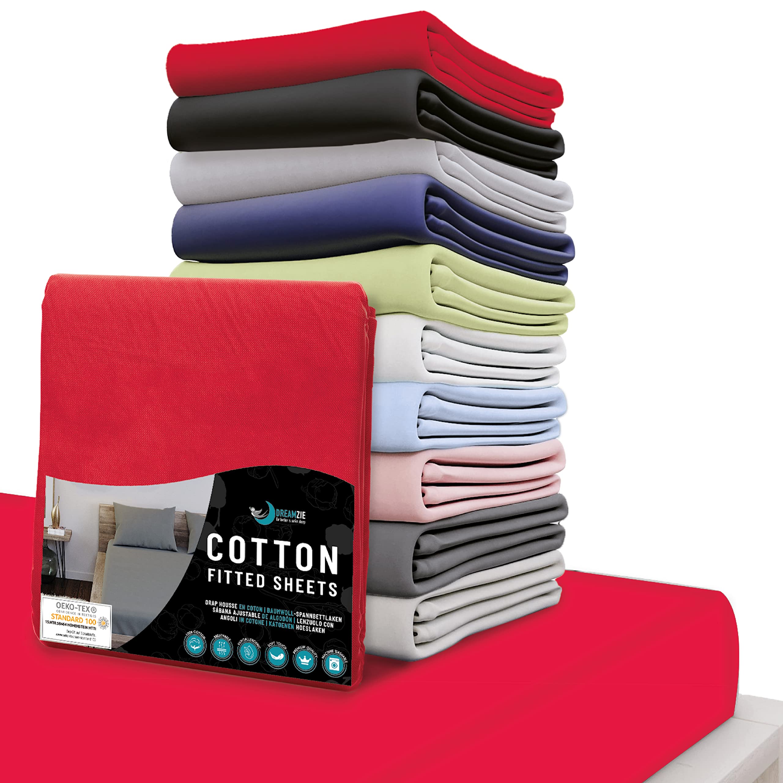 Dreamzie - Fitted Sheet - 80 x 160-100% Oeko Tex Certified Cotton Jersey - Red - Fitted Sheet 80 x 160 cm for Children