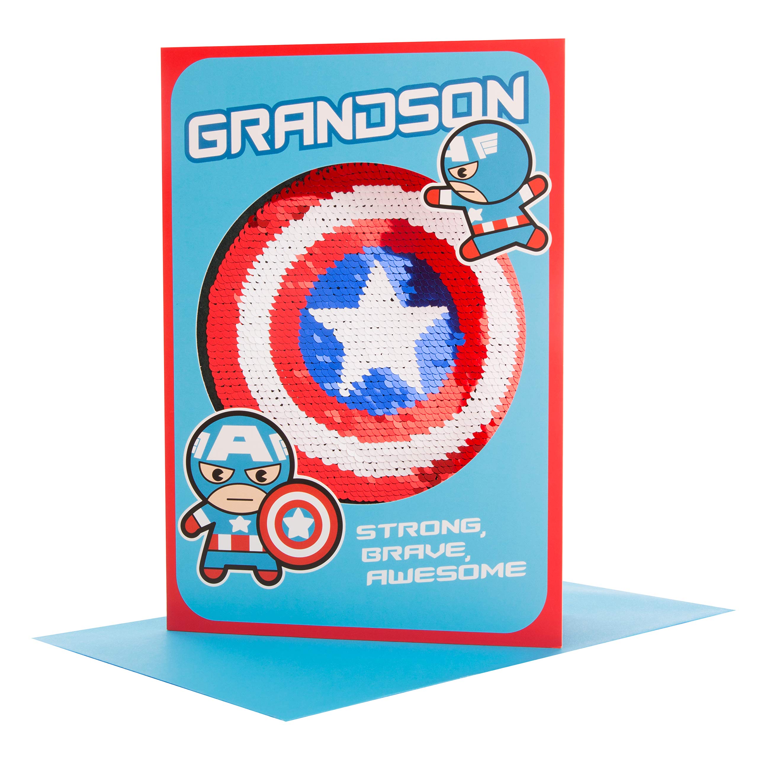 Hallmark Reversible Sequin Grandson Birthday Card 'Captain America' - Medium