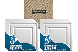Genesis 2ft x 2ft White Icon Relief Ceiling Tiles - Easy Drop-in Installation – Waterproof, Washable and Fire-Rated - High-Grade PVC to Prevent Breakage - Package of 12 Tiles