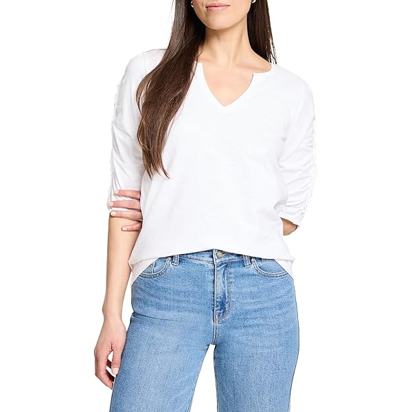 NIC+ZOE Women's Petite Mixed Stripe Ruched Sleeve TEE, Indigo