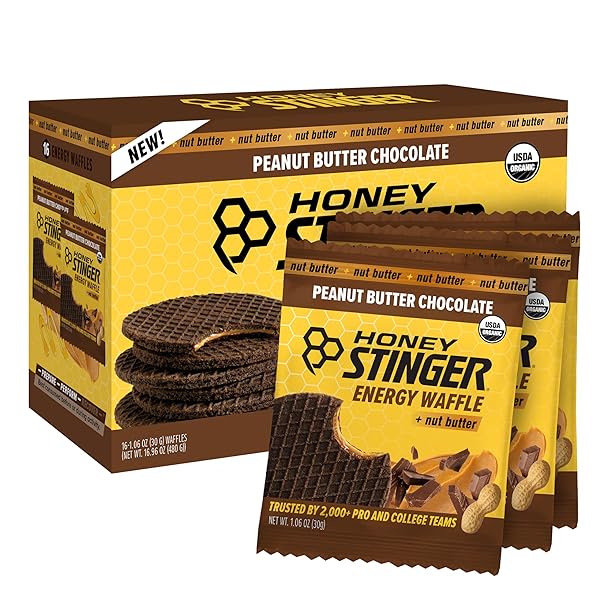 HONEY STINGER ORGANIC PEANUT BUTTER CHOCOLATE WAFFLE, ENERGY STROOPWAFEL FOR EXERCISE, ENDURANCE AND PERFORMANCE, SPORTS NUTRITION FOR HOME & GYM, PRE & DURING WORKOUT, 16.96 OUNCES (PACK OF 16)