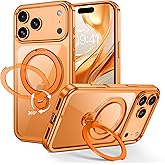 GUAGUA for iPhone 17 Pro Case with Stand, 360° Magnetic Rotatable Ring, Clear Back Plating Edge Invisible Ring Holder Slim Shockproof Protective Kickstand Phone Case for iPhone 17 Pro 6.3 inch, Orange