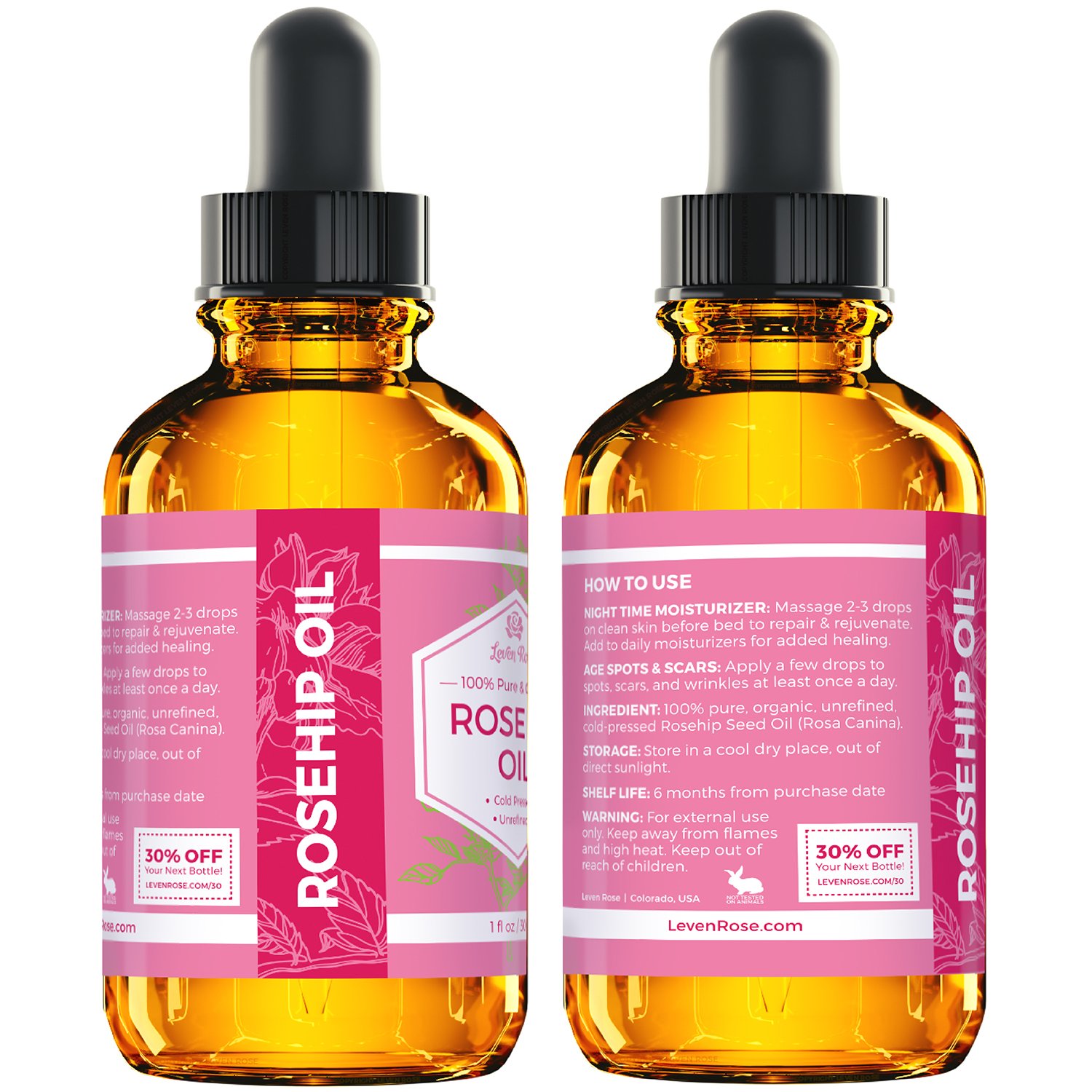 Rosehip Seed Oil by Leven Rose, 100% Pure Unrefined Cold Pressed Anti Aging Rose Hip Moisturizer for Hair Skin & Nails, 1 Fl. Oz…: Beauty