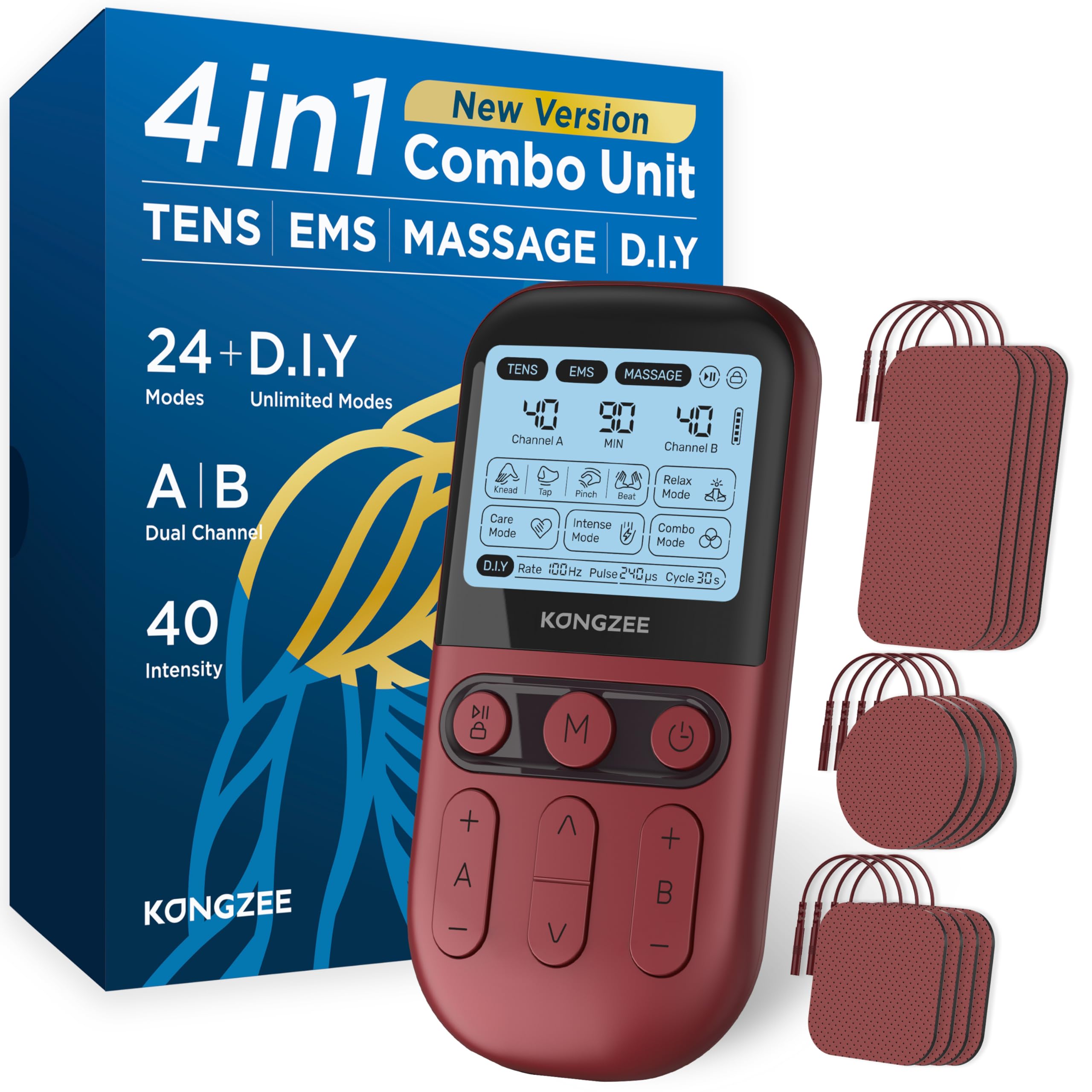 Photo 1 of 4 in 1 - D.I.Y & Tens Unit & EMS & Massage Muscle Stimulator, Dual Channel TENS Units Therapy Machine for Pain Relief, FDA Cleared Rechargeable Electronic Pulse Massager,with 12pcs Electrode Pads