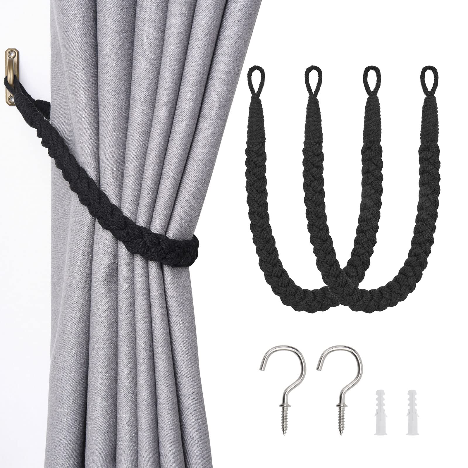 Pretty Jolly 2 Pack Natural Cotton Rope Curtain Tiebacks Elegant Boho Style Decorative Drape Tie Backs Soft Hand-Woven Rope Curtain Holdbacks with Metal Hook for Home & Office Drapery (Black) — image 1
