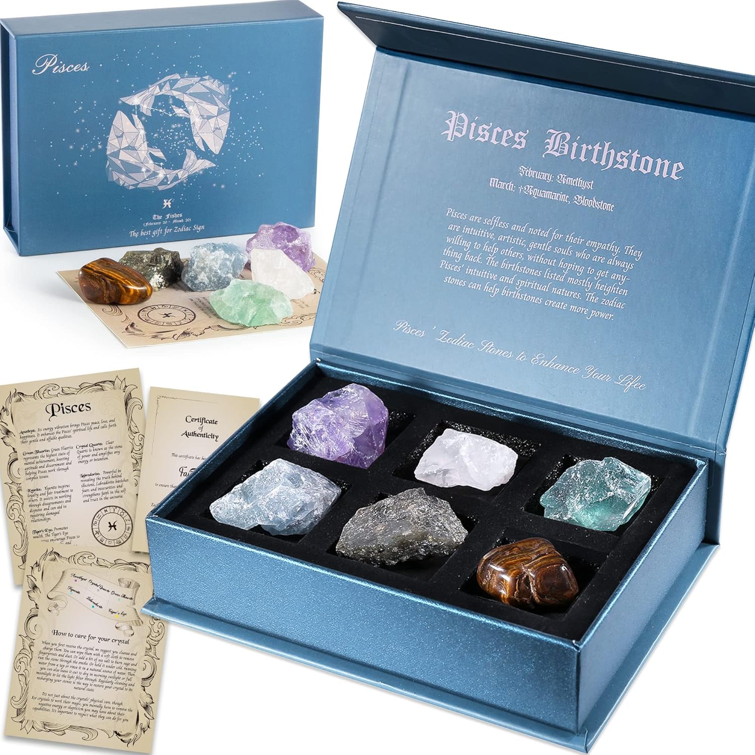 Indoor Fountains & Accessories - Faivykyd Pisces Birthday Gifts for Women, Zodiac Sign Stones to Complement The Birthstone, Natural Healing Crystals with Horoscope Box Set, Astrology Gifts Ideas for Sister Mom Girlfriend Friend Men