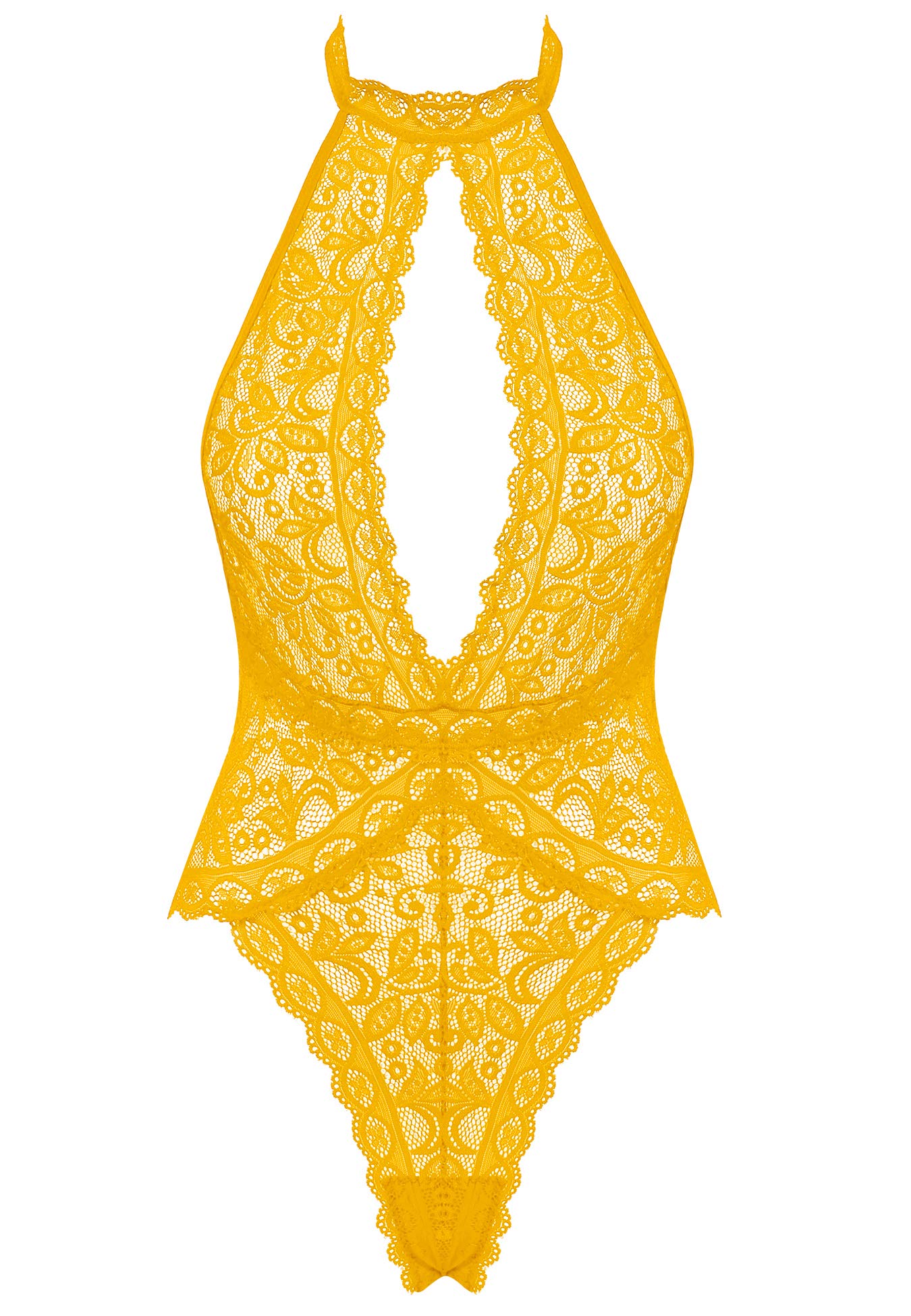 Amorbella One Piece Lingerie for Women Lace Teddy Snaps on Bodysuit(Yellow,XL)