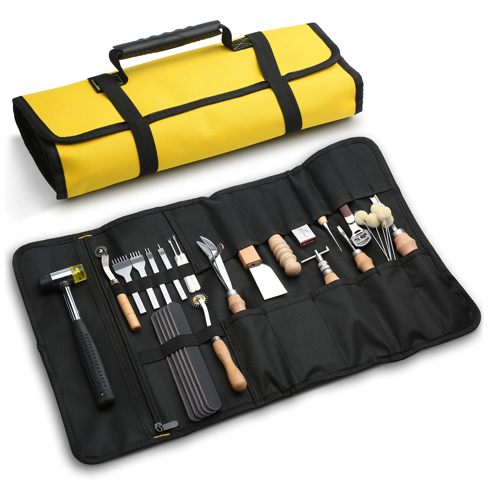 Leather Crafting Tools Leather Working Kit Tool Kit Working Tool Kit with Prong Punch, Hammer, Stitching Groover, Leathers Skiver for Leathers Making Projects