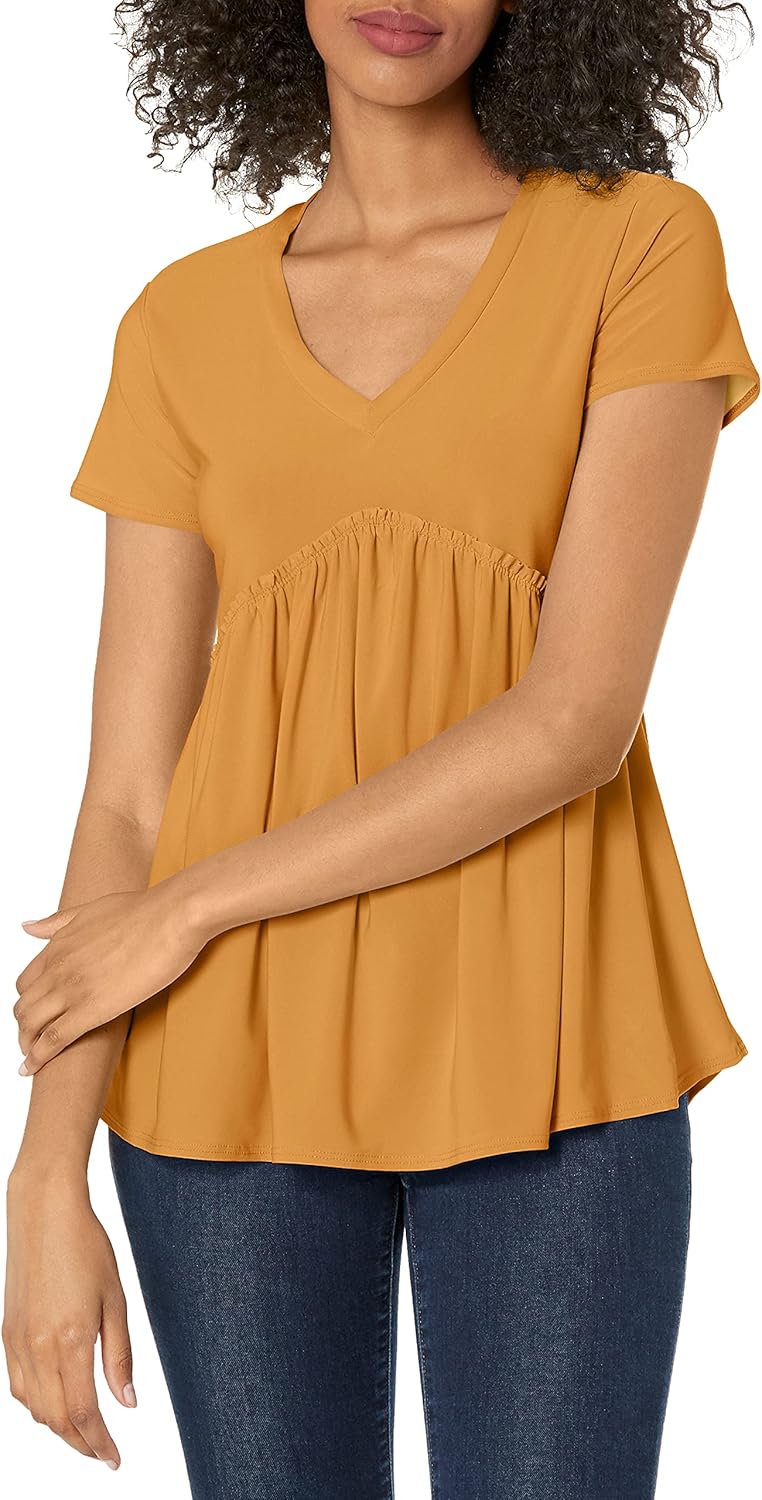 Star Vixen Women's Short Sleeve Babydoll Top with V Neck, Mustard, M