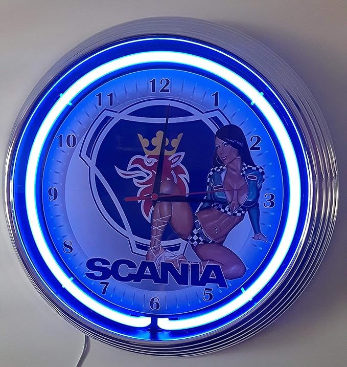 Amazon.de NEONUHR NEON CLOCK PINUP GIRL SCANIA GARAGE SIGN WANDUHR BELEUCHTET MIT BLAUEN NEON RING!