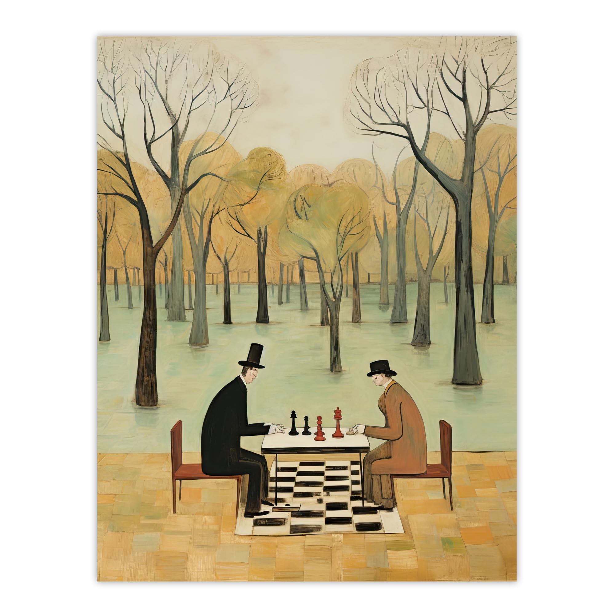 Artery8 Chess In The Park Whimsical Chess Game Pastel Colour Artwork Extra Large XL Wall Art Poster Print