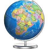 Orionstar 13 Inch Illuminated World Globe, LED Metal Base | Heavy Metal Base, Plug-in LED Night Light, Kids Learning Tool, Classroom &amp; Desk Decor, HD Political Map Print