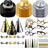 Junkin 66 Pcs New Years Eve Party Supplies 2026 Kit for 24 Guests Include Top Hats Cone Hats Glasses Headbands Blowing Dragon Trumpet Happy New Year Decorations Bulk Party Favors (Novel Style)