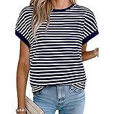 Acelitt Women’s Short Sleeve Knit Tops 2025 Trendy Crewneck Striped T Shirts Casual Summer Blouses Outfits