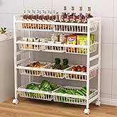 Cinati 4-Tier Kitchen Storage Cart, Adjustable Rolling Pantry Storage Cart with 10 Baskets & Handle, 29''W Metal Snack Cart with Wheels, Kitchen Shelf Organizer for Fruit, Vegetables, Potato(White)