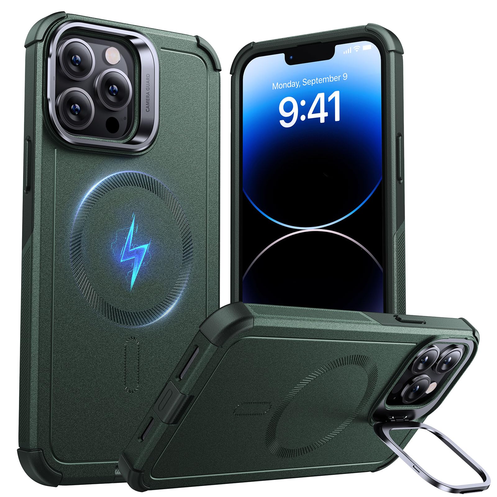 Photo 1 of ESR for iPhone 14 Pro Case with Stand, 23 ft Military-Grade Drop Protection Heavy Duty Magnetic Phone Case, Compatible with MagSafe Accessories, Cyber Series, Green