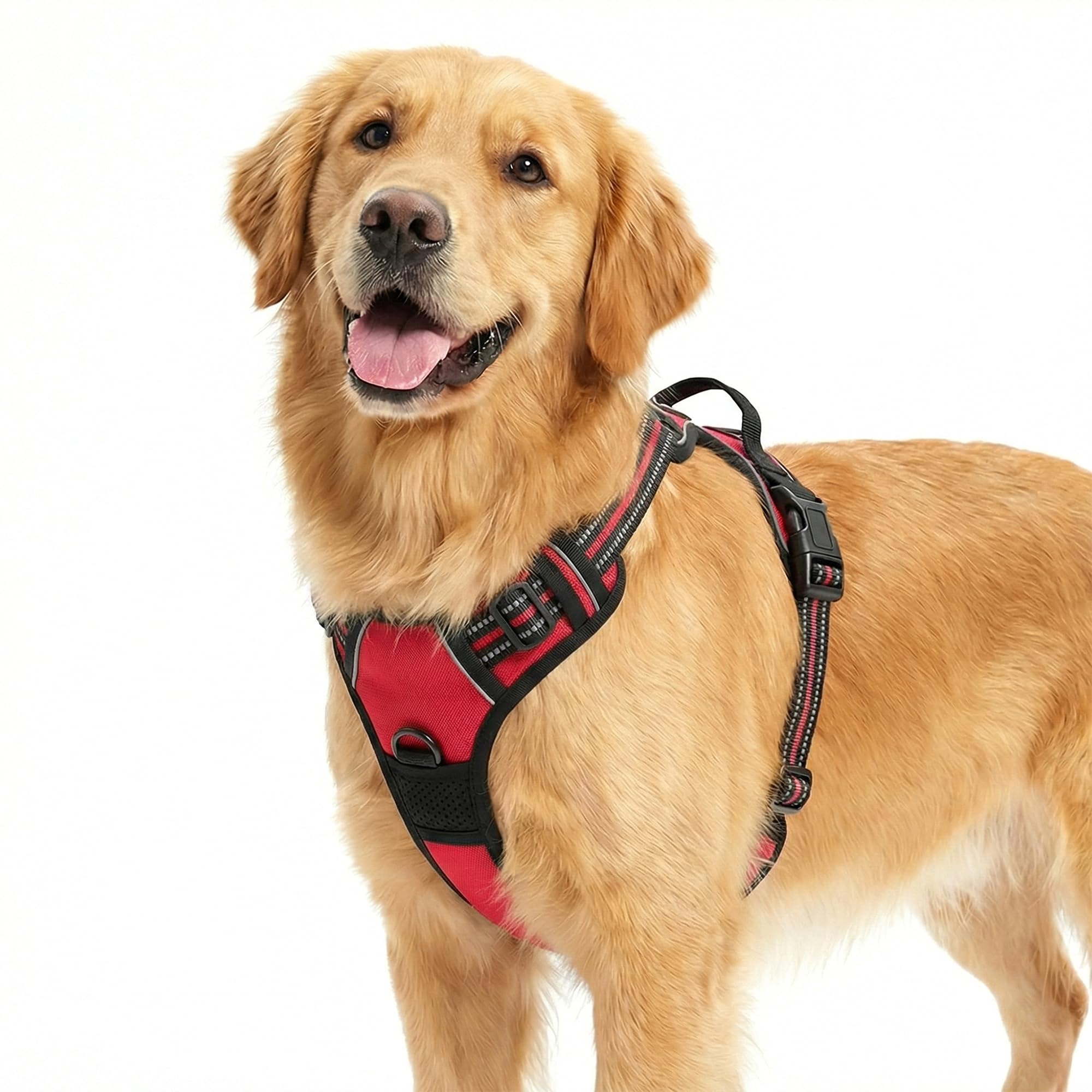 Funfox Dog Harness Large Dog, 2 Clips No Pull Vest Harness Handle Control, Adjustable Pet Harness with Reflective Strips Outdoor Traction Specialized Chest Harness Safe Walking Dog, Red, L