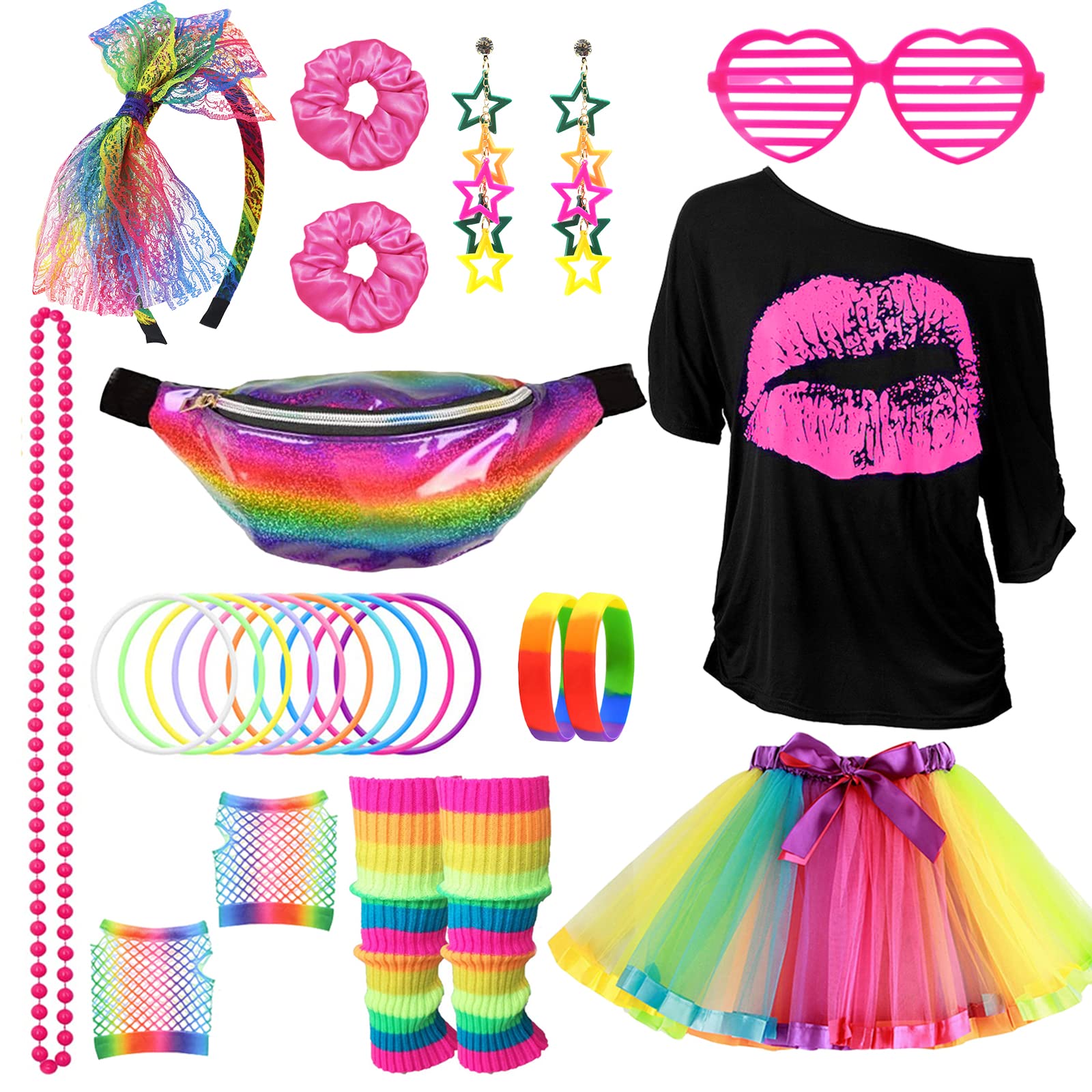 80s Costume Outfits Accessories Set for Women, 1980s Fancy Dress Party Kits with T-shirt Tutu Bumbag Headband Earring Necklace Fishnet Gloves Leg Warmers Glasses Bracelet Scrunchies for Women Dress up