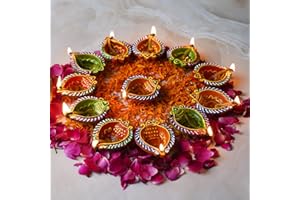 4OUR FAITH 12 Pc Set Handcrafted Multicolor Clay Diya Beetle Leaf Shape, Handmade Terracotta Diyas Festive Decor for Diwali, Thanksgiving & Indian Pooja - Natural Earthen Gift for Home & Celebrations