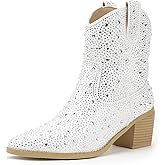 IDIFU IN2 Womens Booties Cowgirl Cowboy Rhinestone Ankle Boots for Women Low Short Block Heel Pointed Toe Slip On Fall Booties Ladies Western Sparkly Glitter Disco Wedding Fashion Dressy Boots