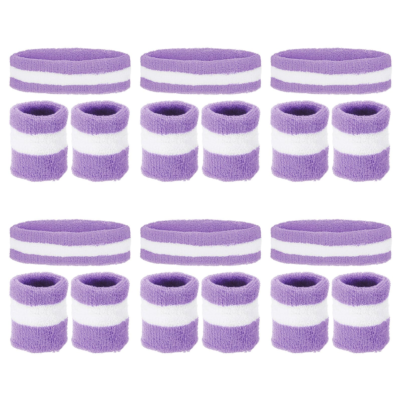 PATIKIL Sweatbands Headband Wristband, 6 Set/18Pcs Sweatband Terry Cloth for Sports Basketball Tennis Athletic Gym Working Out, Light Purple, White