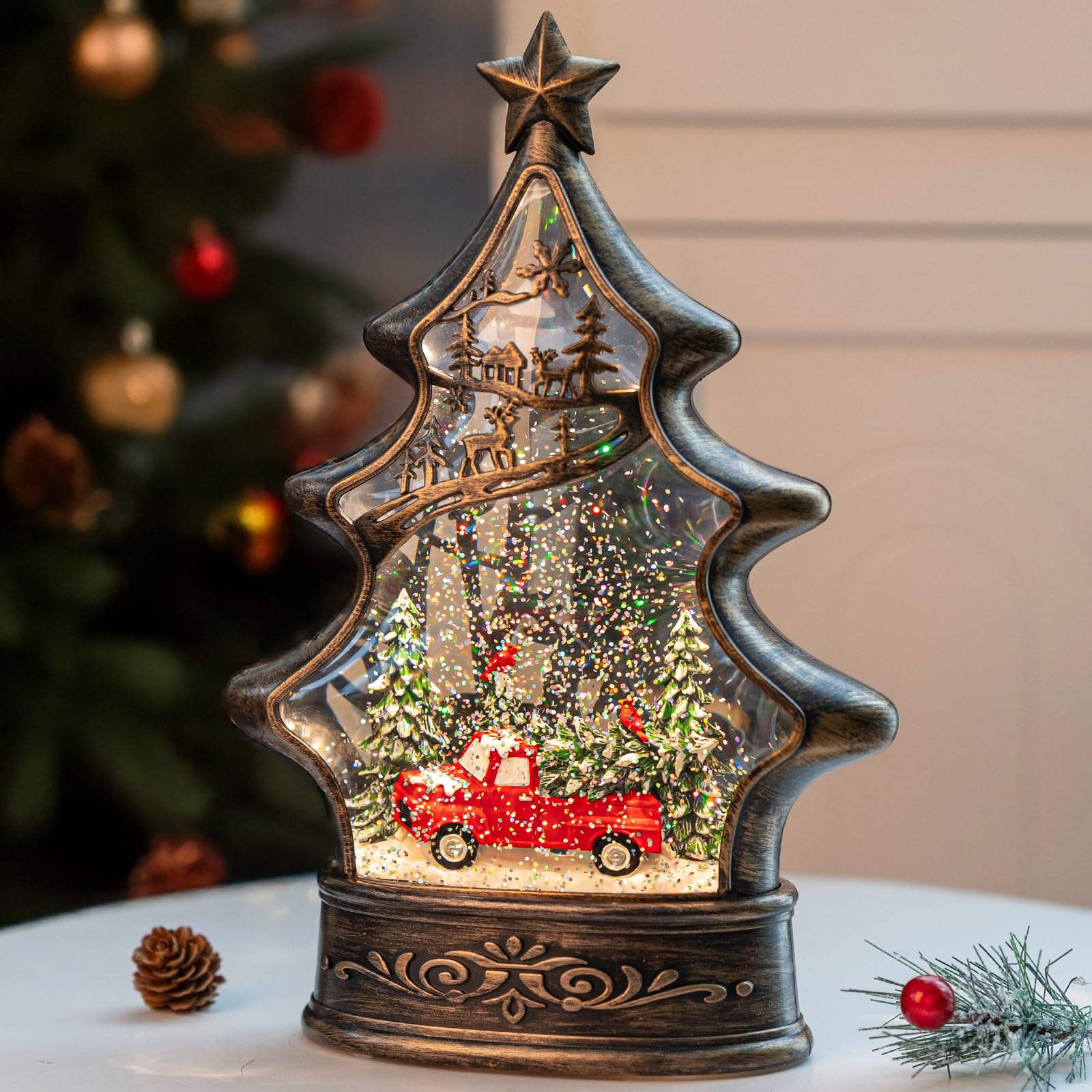 Christmas Snow Globe Lantern Water Glittering Christmas Tree with Red Truck, USB Lined/Battery Operated Lighted Lantern for Christmas Festival Decoration Gifts Image