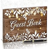 Wood Grain Wedding Guest Book with Pen for Wedding Decor Birthday Rustic Leaves Visitors Book for Anniversary Funeral White Leaves Bridal Shower Wood Grain Guestbook Signing Rustic Decor