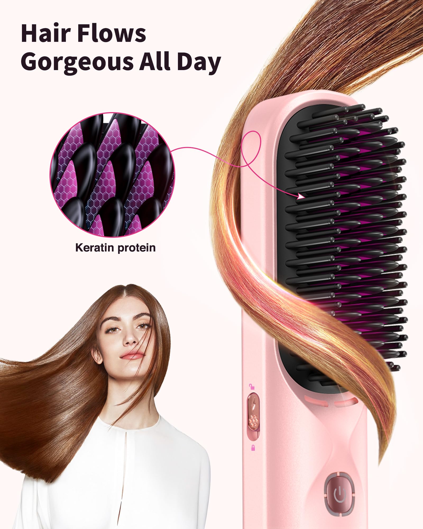 Cordless Hair Straightener Brush - Portable Hair Straightening Brush for Travel - 300M Negative Ions for Frizz-Free Shine, Touch Up On-The-Go, Fast Heating, Gift for Women, 10,000mAh