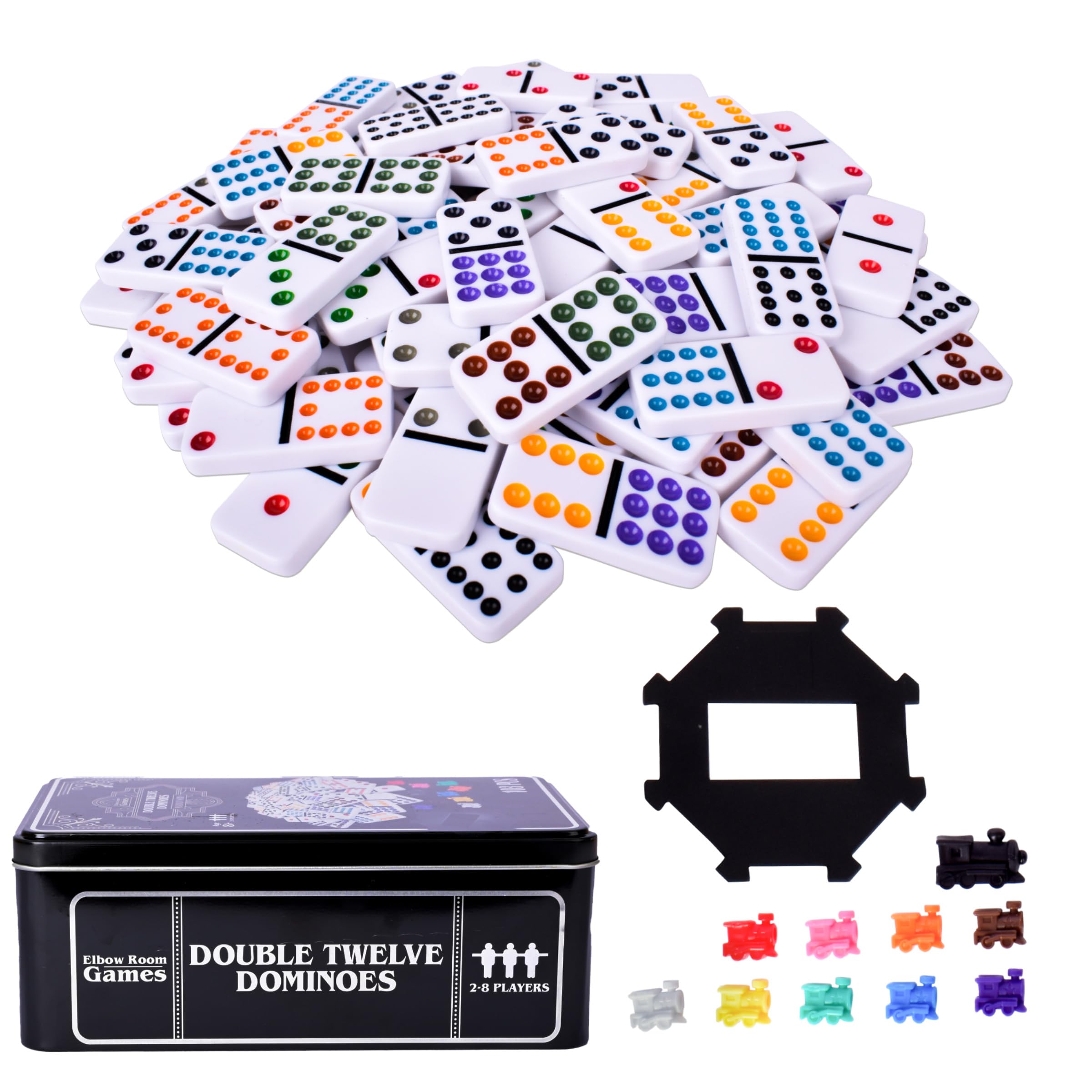 Photo 1 of Sunny Days Entertainment Elbow Room Games Double Twelve Dominoes Set with 91 Dominoes, 10 Trains, Starter Piece, Scorepad – Perfect for Mexican Train, Block, and Draw – for 2-8 Players
