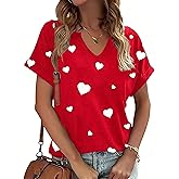 Valentine Day Shirts for Women V Neck Love Heart Girlfriend Valentines Gift Tshirt Graphic Short Sleeve Tee Tops