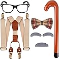 5 PCS 100 Days of School Old Man Costume Include Glasses Suspenders Bow Tie Cane Mustache for Grandpa Dress Up