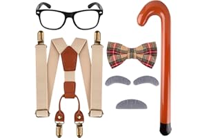 MATINIY 5 PCS 100 Days of School Old Man Costume Include Glasses Suspenders Bow Tie Cane Mustache for Grandpa Dress Up