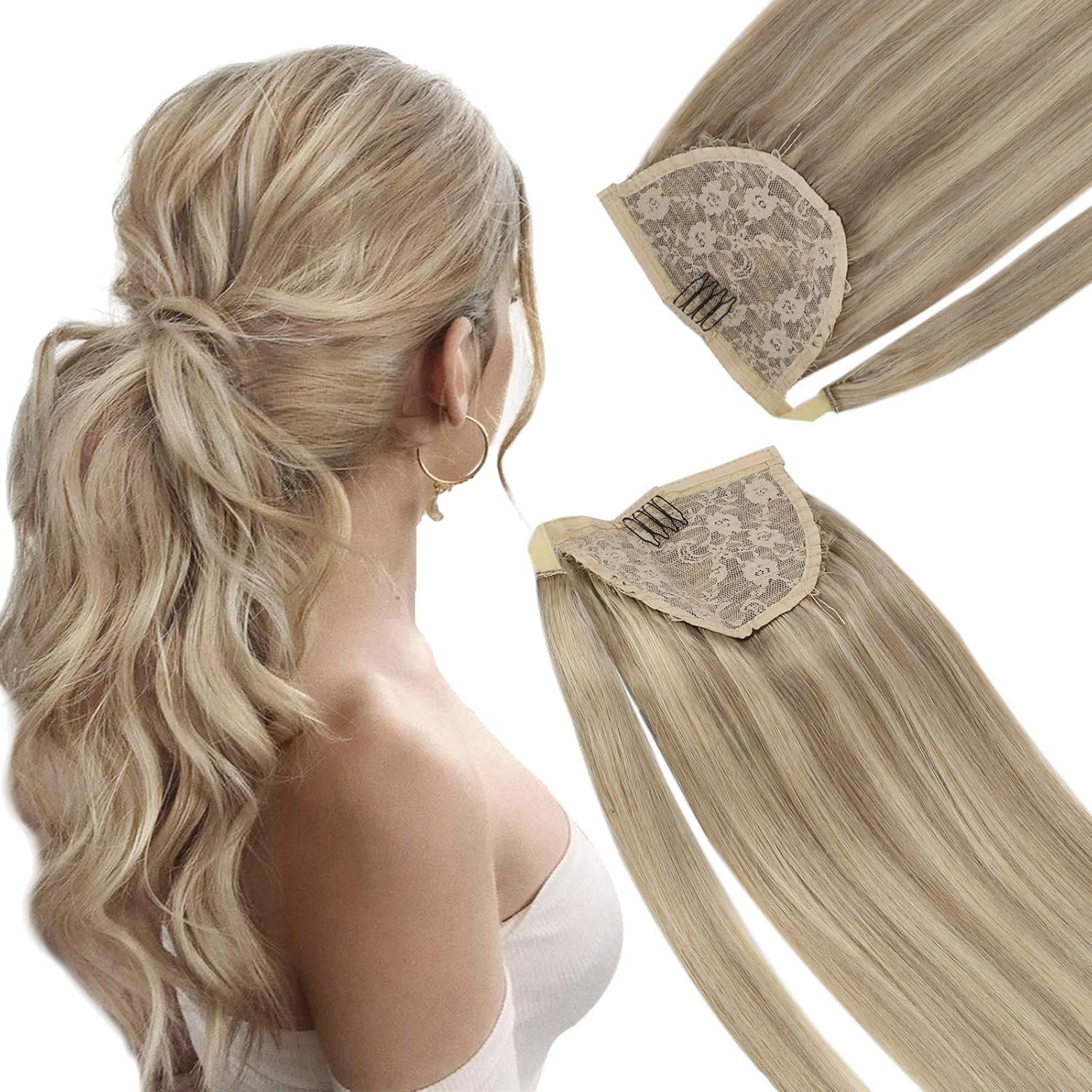 VeSunny Blonde Clip in Ponytail Human Hair Extensions 18inch Wrap