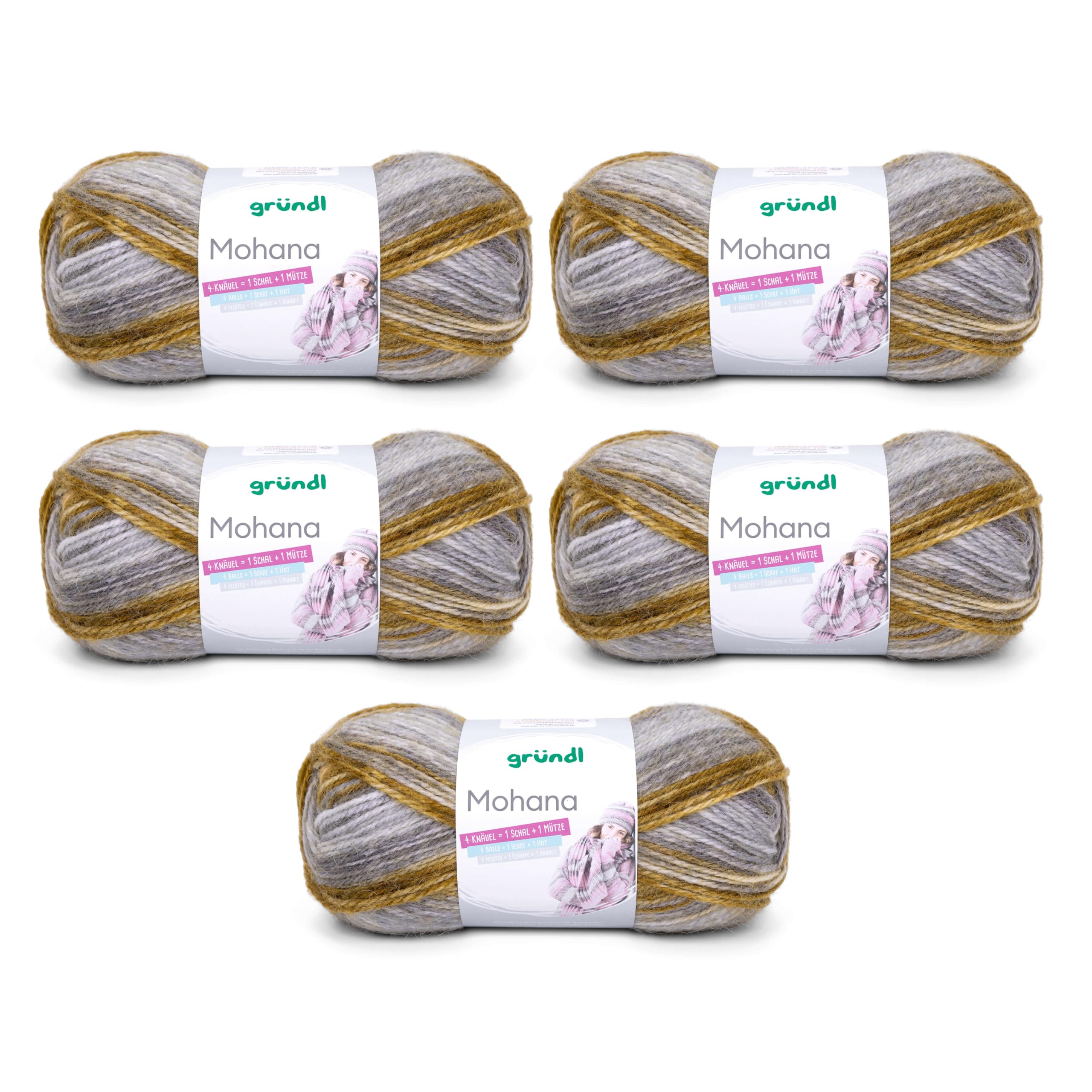 Gründl Mohanna Knitting and Crochet Yarn 90% Polyacrylic, 10% Mohair, 5 x 100 g, Thick Wool, Light Grey/Quince Olive