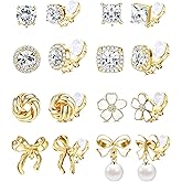 Gold Clip on Earrings Women 8 Pair Fake Earrings Non Pierced - Bow Cubic Zirconia Pearl Round Rhinestone Flower Non Pierced Earrings Silver Gold Clip Halo Earrings Clip-On Earrings Fake Earring Set