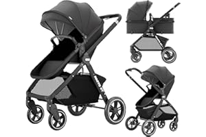 DrBash 2-in-1 Baby Stroller with Bassinet Mode, Convertible Reversible Seat, Compact Fold, All-Terrain Wheels, Large Canopy, 