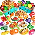 100 PCS Cutting Play Food Toy for Kids Kitchen, Pretend Food Toys for Toddlers, Play Kitchen Toys Accessories with 2 Baskets, Fake Food/Fruit/Vegetable, Birthday Gifts for 3 4 5 Years old Boys Girls