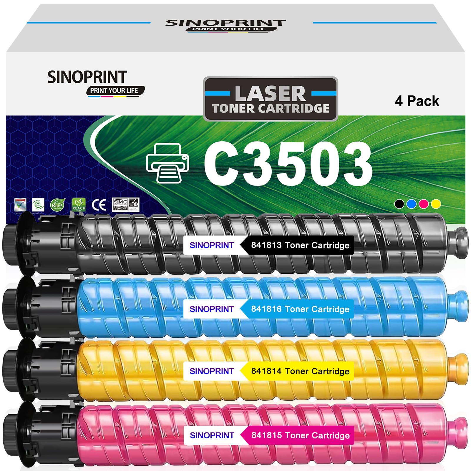 Photo 1 of SINOPRINT C3503 Compatible Toner Cartridge Replacement for Ricoh 841813 841816 841815 841814 MP C3003 C3503 C3004 C3504 C3003 C3503 C3004 C3504 Lanier MP C3003 C3503 C3004 C3504 (4-Packs Color)