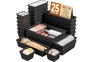 KEMETHY 25 PCS Plastic Drawer Organizers Set, 4 Sizes Vanity Organizer, Makeup and Desk Drawer Organizer Trays, Organization and Storage for Makeup, Bathroom, Kitchen Utensils and Office (Black)