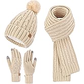 Uerymit Womens Winter Warm Beanie Hat Long Scarf Touchscreen Gloves Set with Fleece Lined Skull Pom Caps 3 in 1 Set for Gift