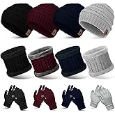 BBTO 12pcs Winter Beanie Hat Scarf Gloves Set Thick Beanies Hat Knit Skull Cap Neck Warmer Touchscreen Gloves for Men Women