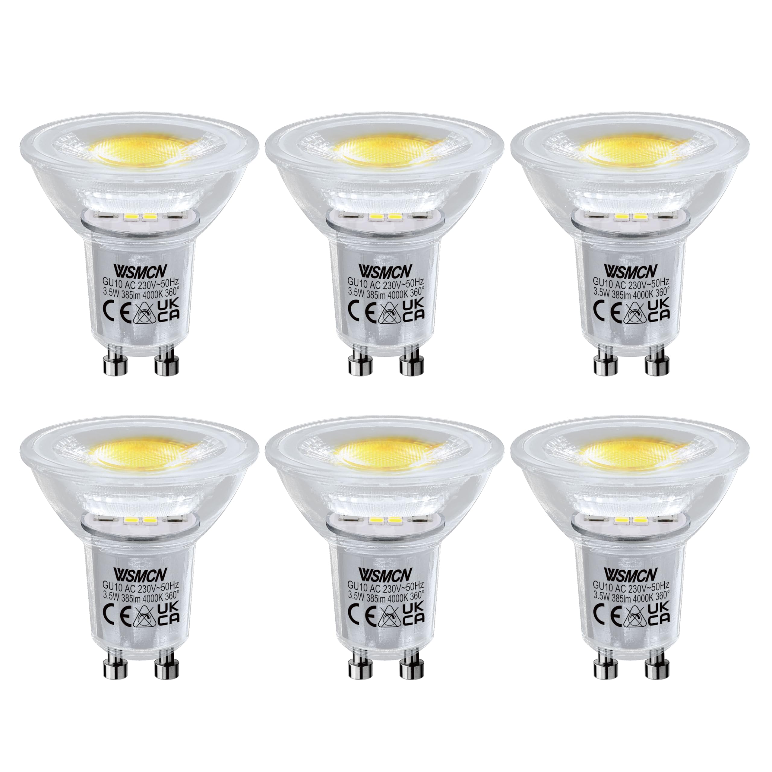 WSMCN GU10 LED Bulbs 6-Pack, Neutral White 4000K, Non Dimmable LED Light Bulb, 3.5W Equivalent to 50W Halogen Spotlight Bulb, 385LM Spotlight, 360° Beam Angle, Flicker-Free