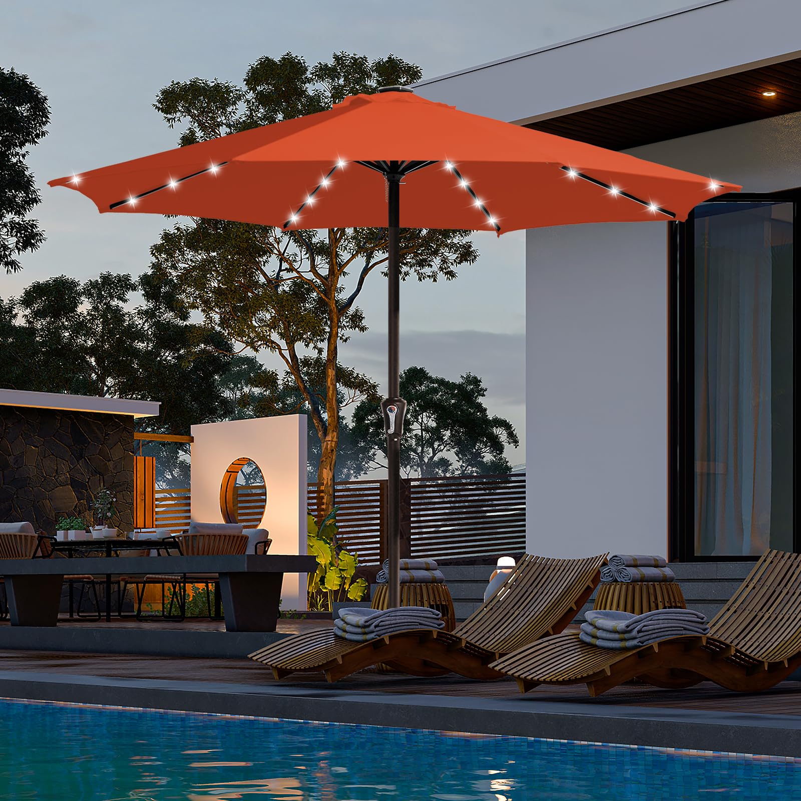 Photo 1 of JEAREY Upgrade 11FT LED Lighted Patio Umbrella, Solar Outdoor Umbrella, Table Umbrella for Pool, Deck & Yard(Orange)