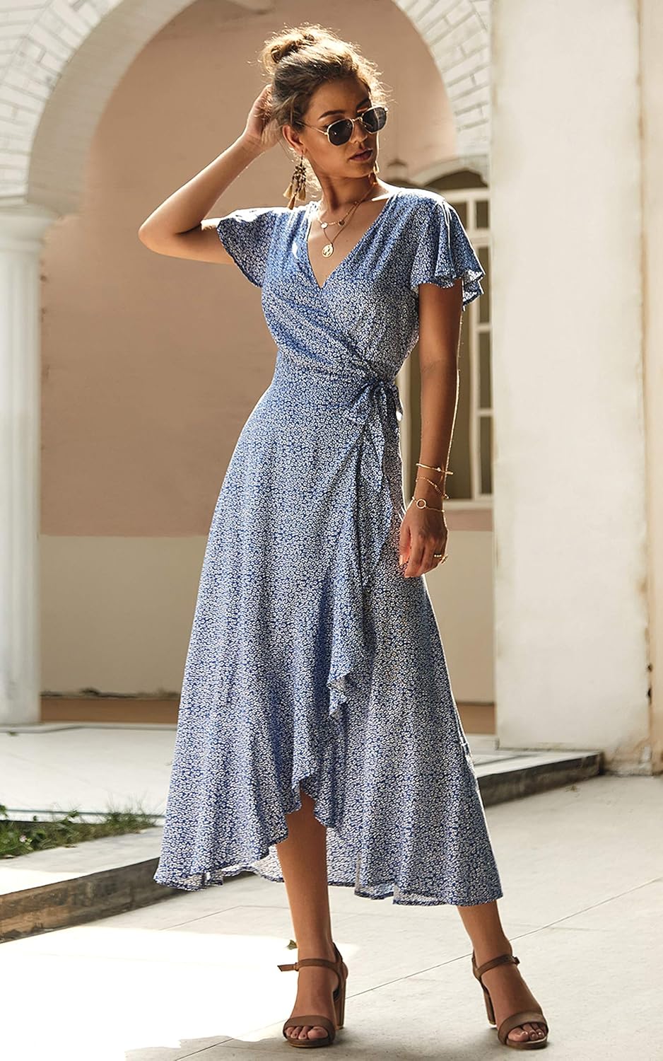 ECOWISH Women's Dresses Bohemian Wrap V Neck Short Sleeve Ethnic Style High Split Beach Maxi Dress at  Women’s Clothing store