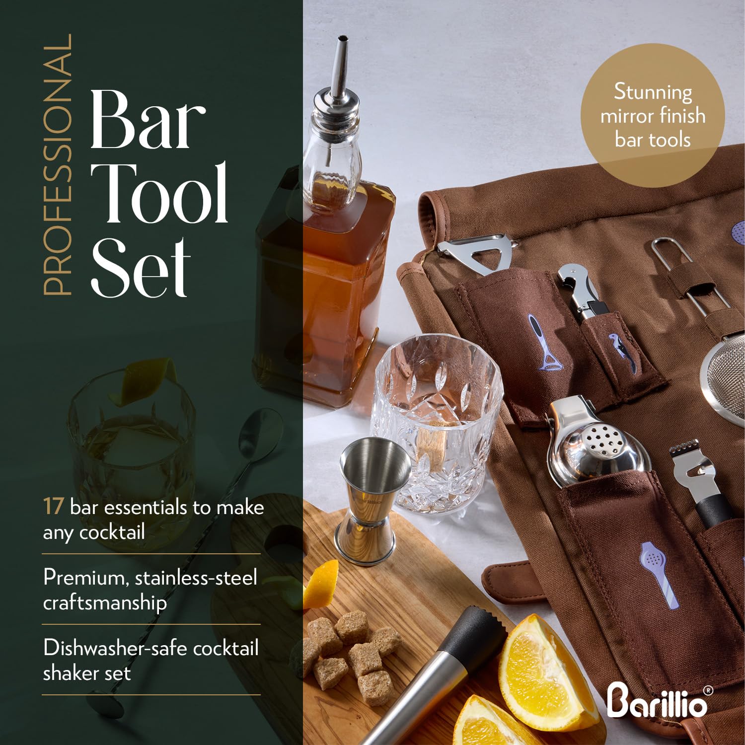 Barillio Bartender Kit Bag with Cocktail Shaker Set - Waxed Canvas, Traveling Bar Tools Bag with 17-Pc Cocktail Kit - Travel Mixology Bartending Kits - Mobile Bar Bag with Strap & Accessories - Silver - Image 4